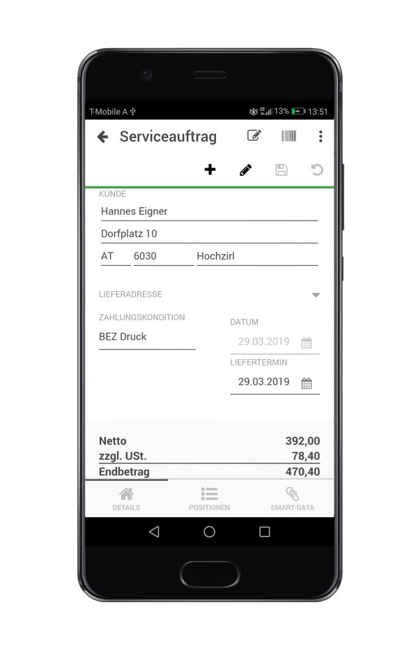 B2GO Mobile App für Sage 100 Serviceauftrag bearbeiten